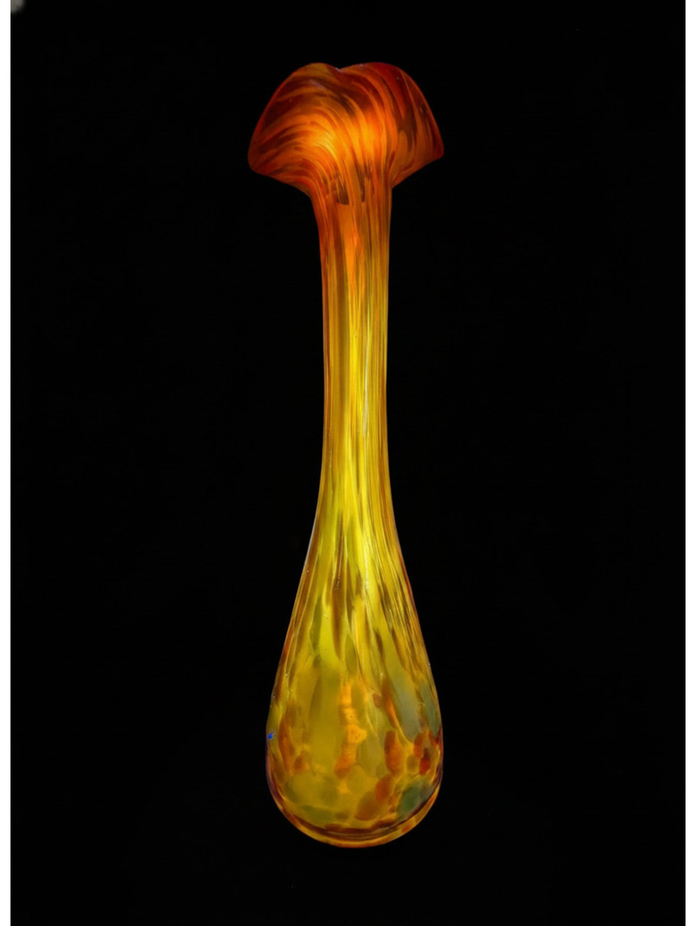 Vintage Hand Blown Amber Yellow Swung Art Glass Vase Ruffled Top UV Reactive